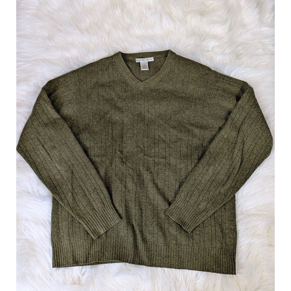 Geoffrey Beene Size Medium 100% Cashmere Olive green V-Neck Knit Preppy Sweater